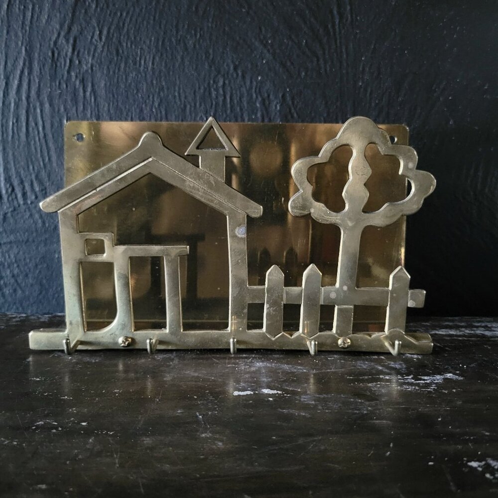 Vintage Brass Letter Holder with Key Hooks House and Tree Design